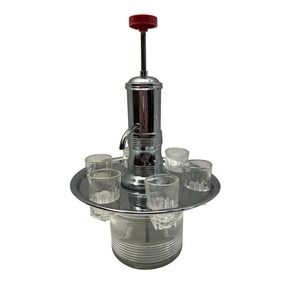 Vintage MCM Chrome Shot Glass Dispenser with 6 Clear Glasses Barware Set